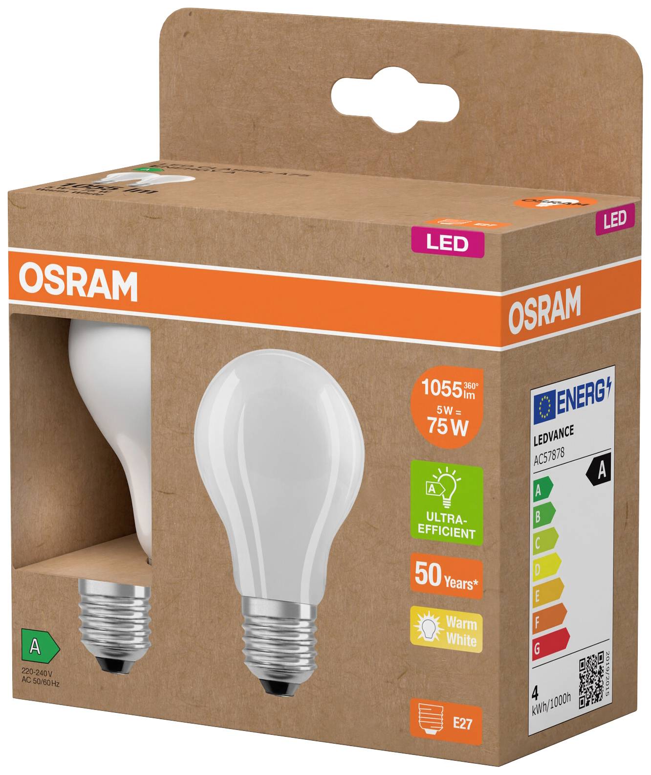 Emballage d'une ampoule LED OSRAM avec culot E27. Offre 1055 lumens, équivalent 75W, classe d'efficacité énergétique A, éclairage blanc chaud.