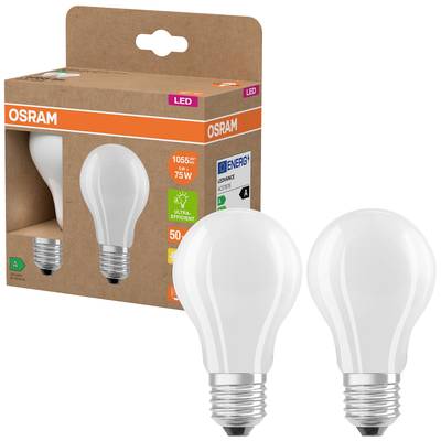 Ampoules LED Osram, présentées avec leur emballage. Classe énergétique A+, 1055 lumens remplaçant 75W, durée de vie de 50 ans.