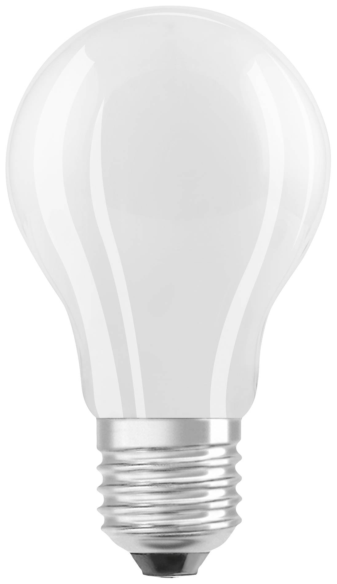 Une ampoule classique avec douille argentée et verre transparent, représentée sur un fond blanc.