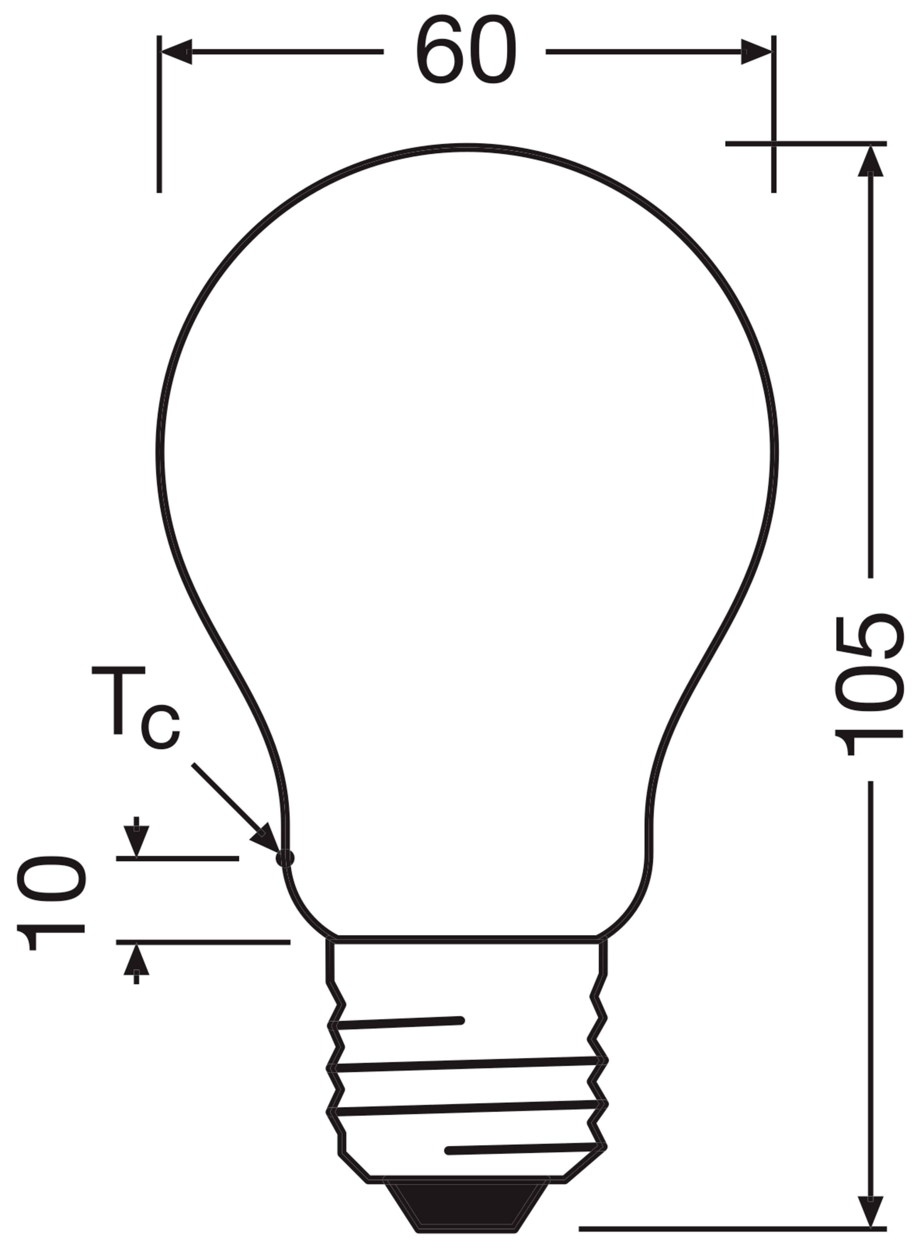 Illustration d'une ampoule avec dimensions : Largeur 60 mm, Hauteur 105 mm. Repère indiquant 10 mm du socle jusqu'au centre ('Tc').