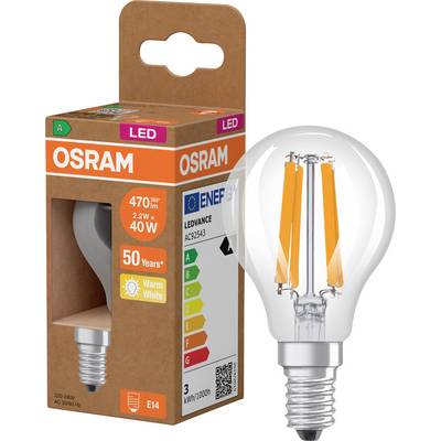 Ampoule LED OSRAM en emballage de vente au détail, présentant une ampoule blanc chaud transparente E14 évaluée à 2,2W, 470 lumens, équivalent 40W, 50 000 heures.