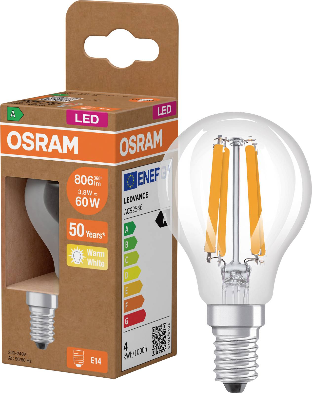 Ampoule LED OSRAM en boîte, présentant une ampoule blanc chaud E14 équivalent 60W avec un flux lumineux de 806 lm et un étiquetage énergétique A.