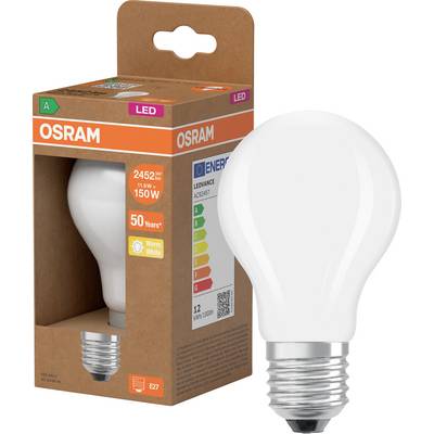 Ampoule LED OSRAM dans son emballage de vente marron, étiquetée équivalent 150W, blanc chaud, culot E27.