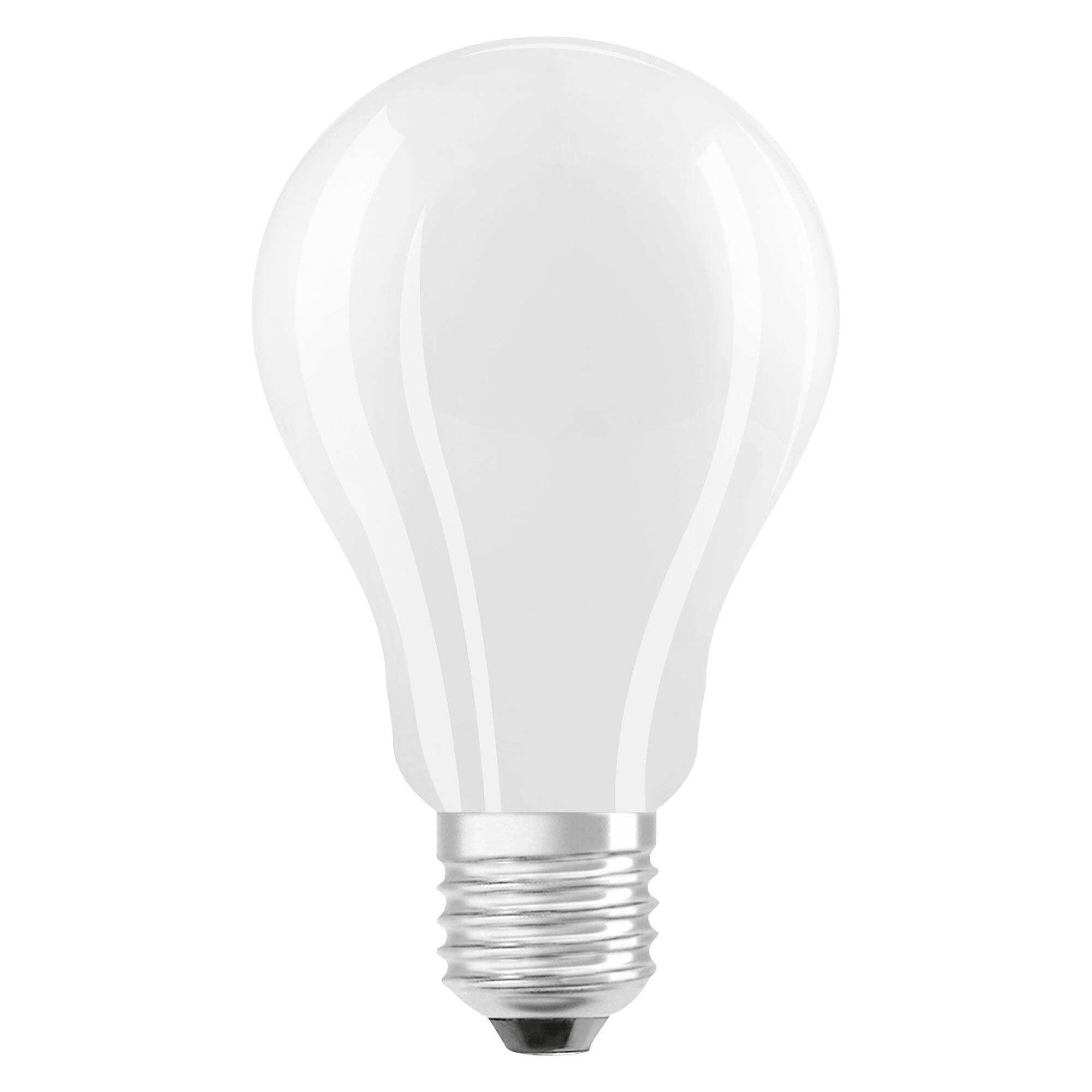 Une ampoule de forme standard avec un culot argenté, sur un fond blanc. Symbolise une idée ou une invention.