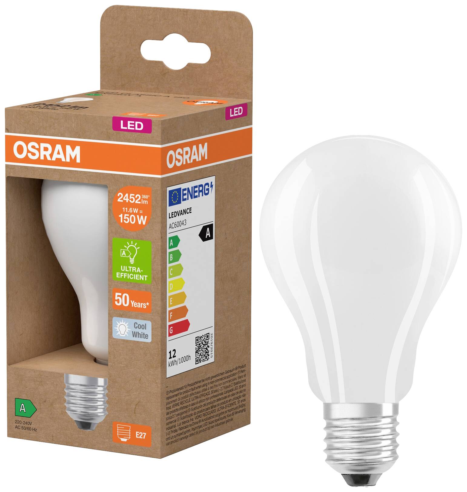 Ampoule LED d'Osram à côté de son emballage. L'emballage indique la classe d'efficacité énergétique A, la couleur de lumière 'Blanc Froid' et une durée de vie de 50 ans.
