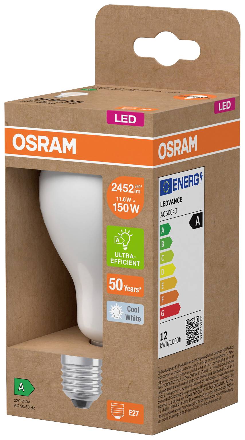 Une ampoule LED OSRAM dans son emballage, affichant la classe d'efficacité énergétique A, 12 kWh/1000h, culot E27, 2452 lm, remplace 150 W, ultra performante.