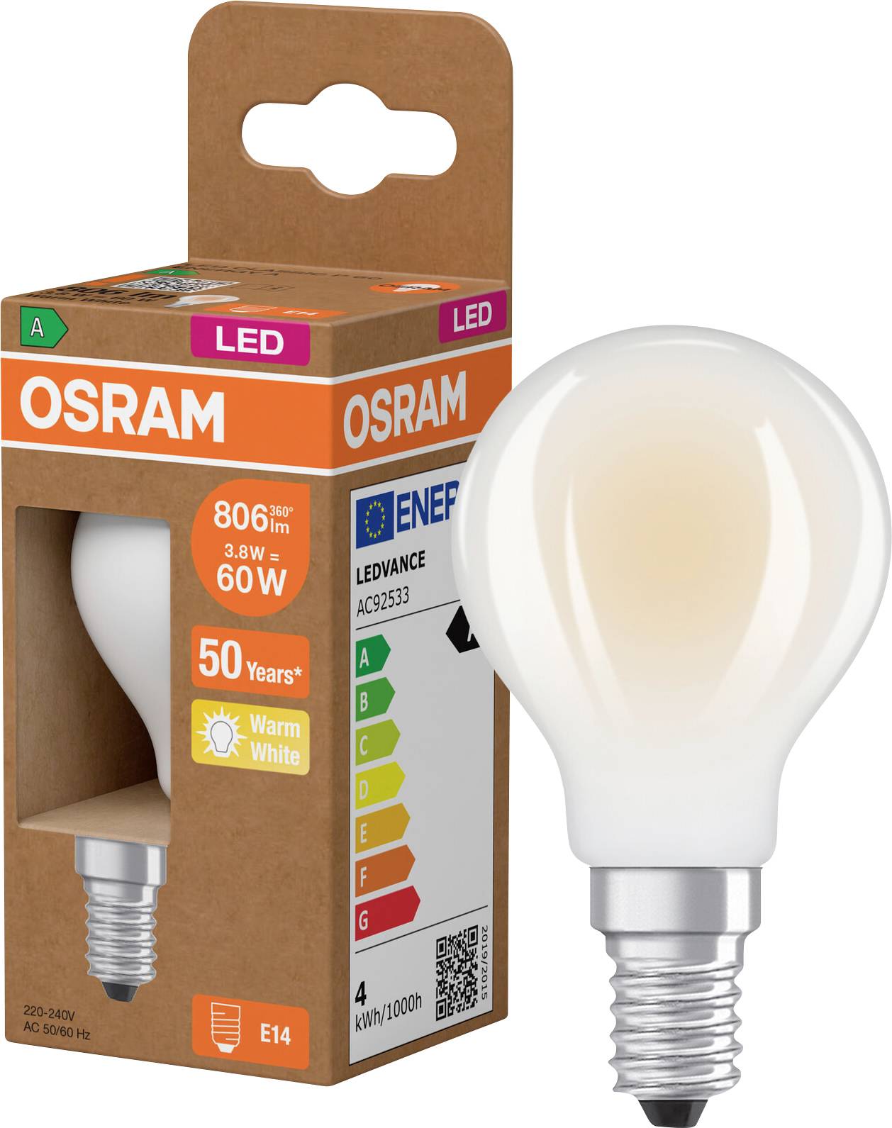 Ampoule LED OSRAM dans son emballage, montrant une ampoule blanc chaud E14 équivalente 60W avec 806 lumens et étiquette d'efficacité énergétique.