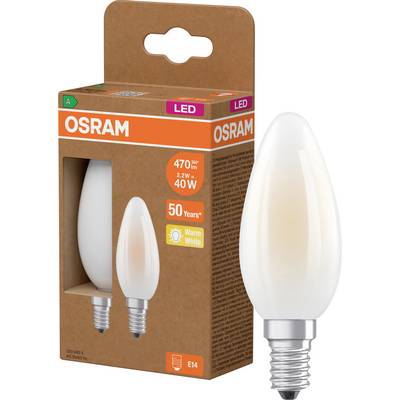 Ampoule LED bougie OSRAM dans son emballage de vente brun, étiquetée 470 lm, 4,2 W, équivalent 40 W, blanc chaud, culot E14, 50 ans.