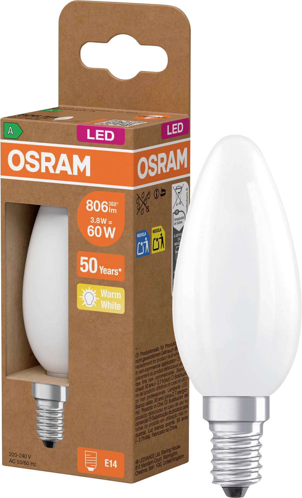OSRAM HOMELIGHTING 4099854255717 LED CEE A (A - G) E14 forme de flamme 3.8 W = 60 W blanc chaud (Ø x H) 35 mm x 35 mm à 