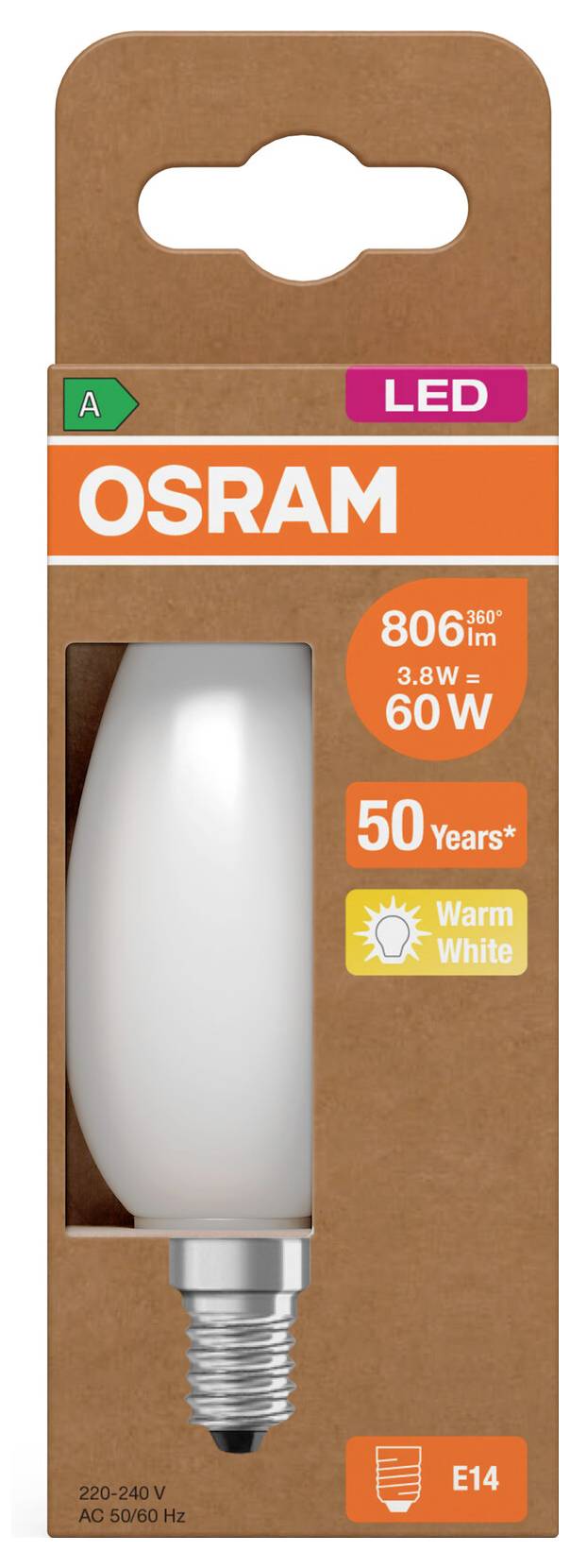 Ampoule LED OSRAM, montrant une ampoule de 3,8 W équivalente à 60 W, blanc chaud, culot E14, prétention d'une durée de vie de 50 ans.