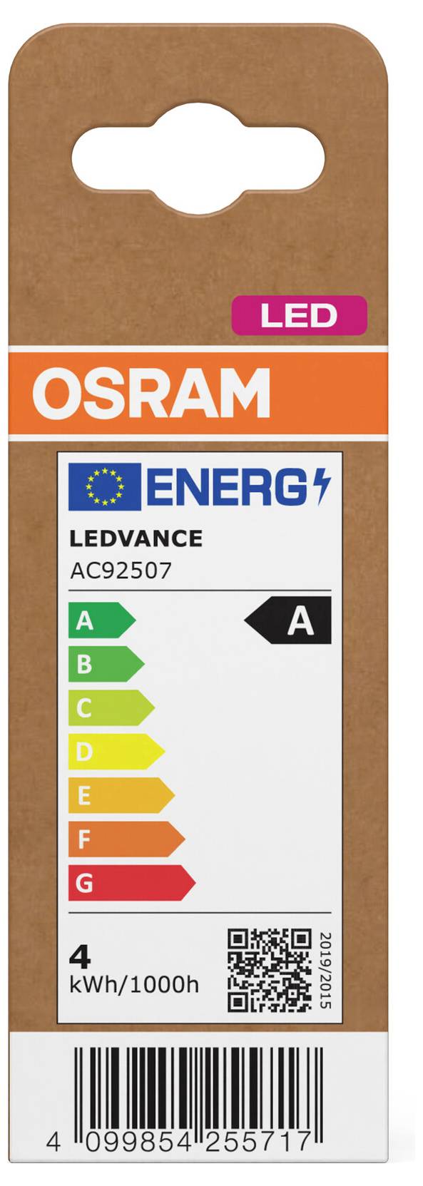 Étiquette d'emballage d'ampoule OSRAM LEDVANCE montrant une classification énergétique EU A, 4 kWh/1000h, modèle AC92507, avec code-barres et code QR.