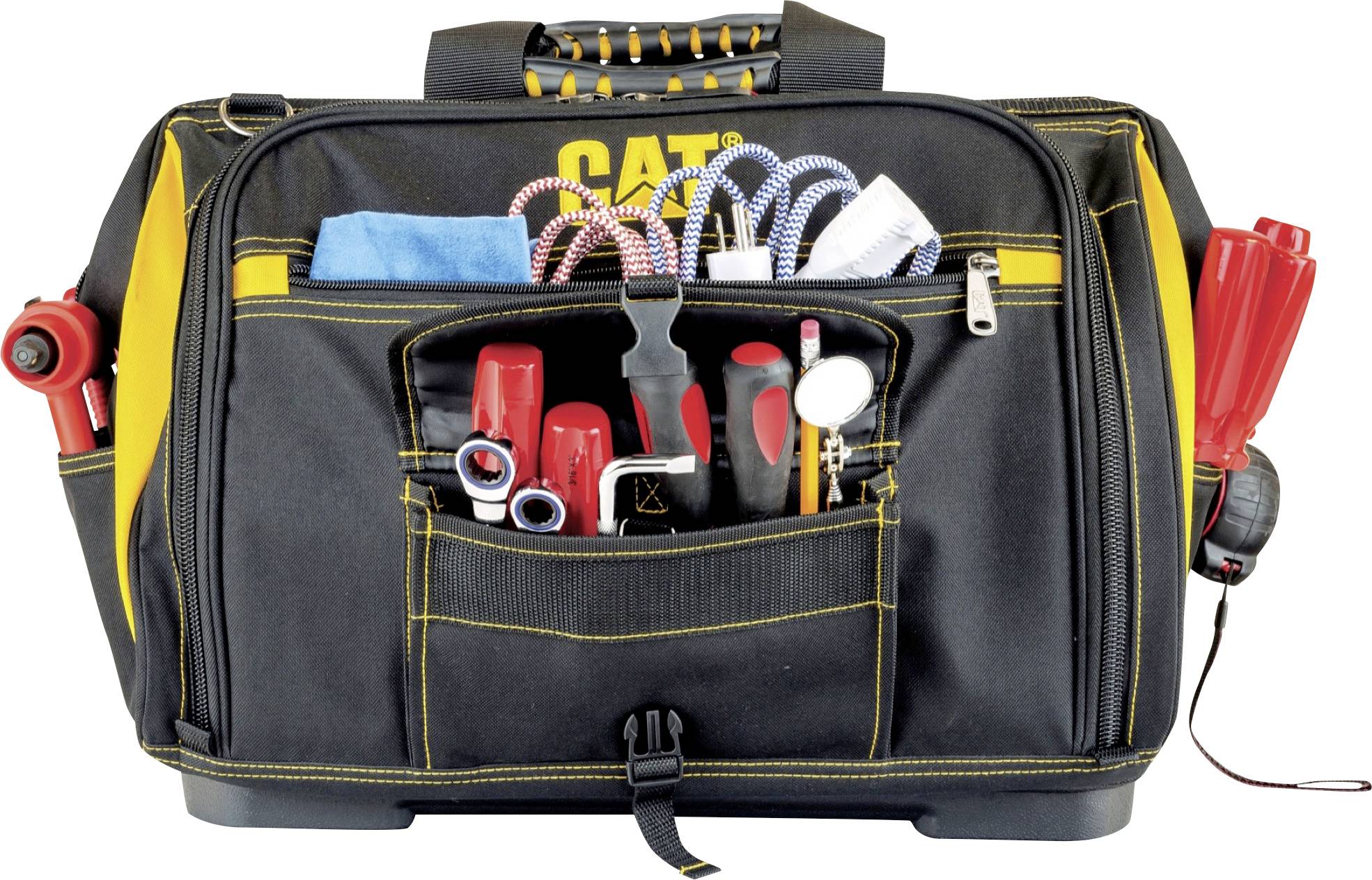 Un sac à outils noir avec des touches jaunes, rempli de divers outils de bricolage tels que des tournevis et des pinces.