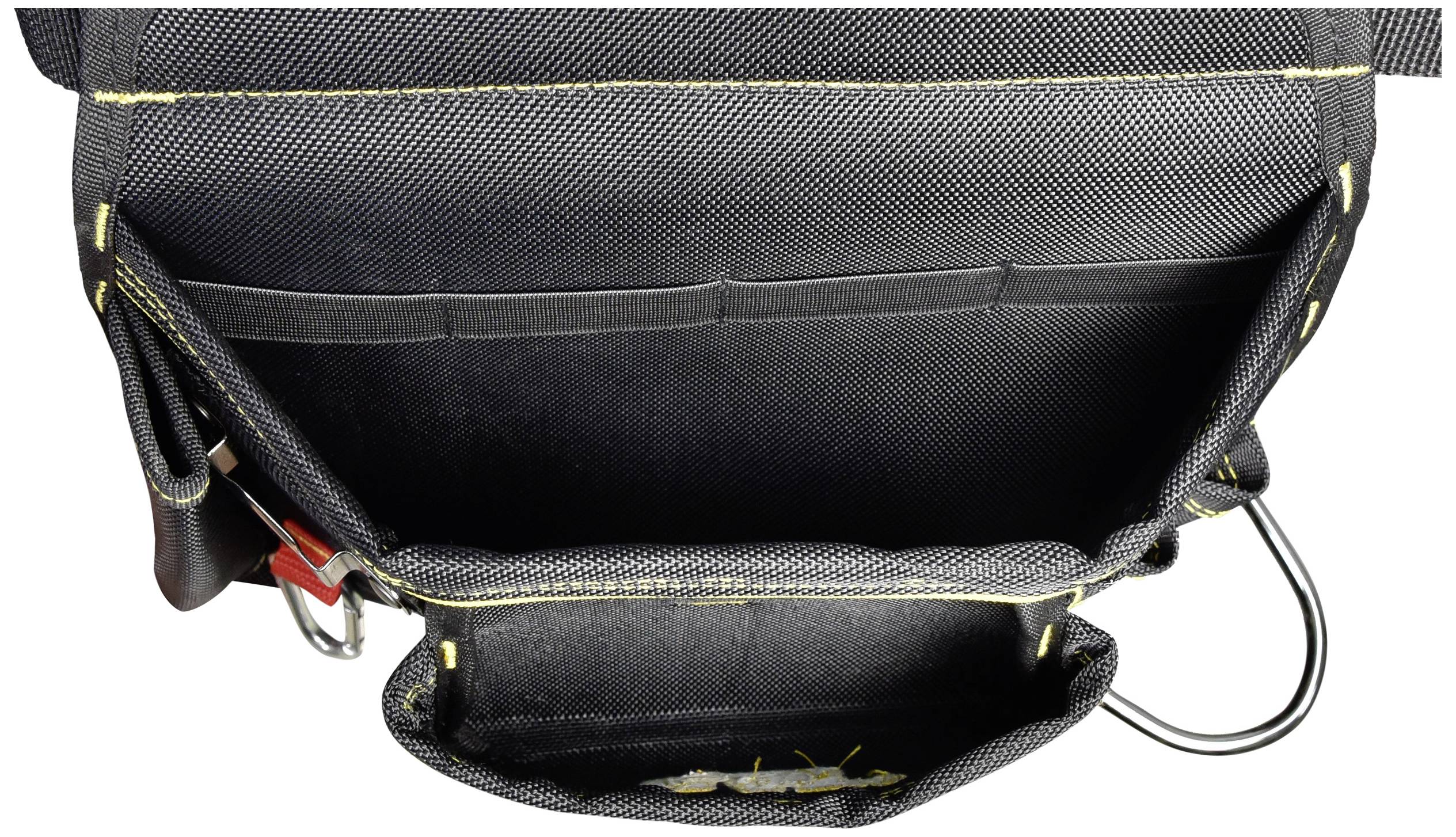 Sac à outils noir ouvert, vu de dessus, montrant plusieurs compartiments et une languette à fermeture velcro, adapté à divers outils.