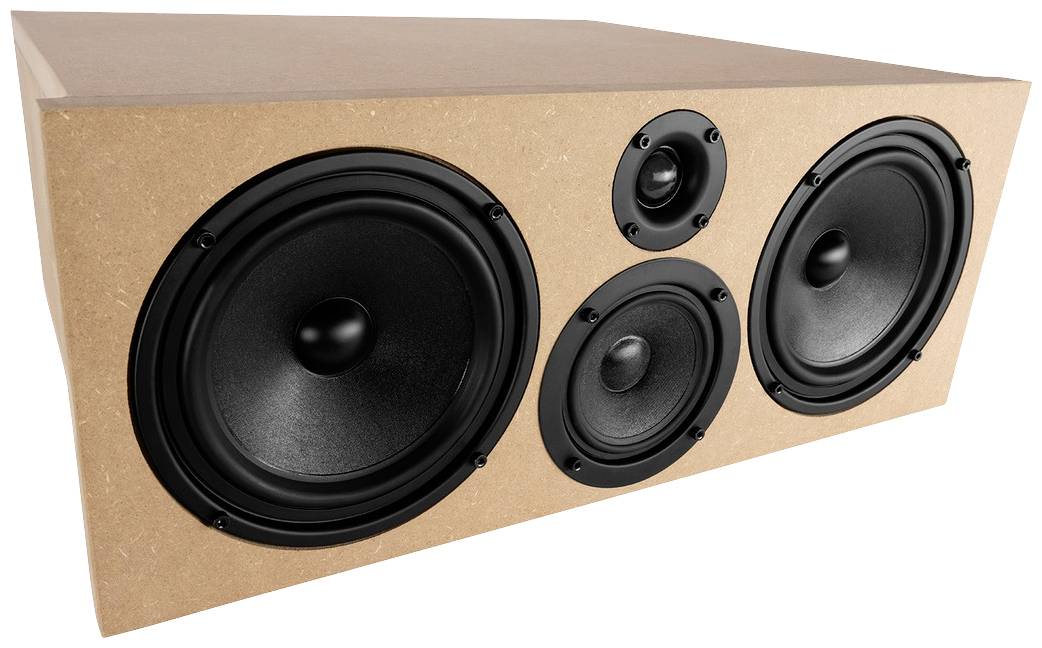 Un haut-parleur rectangulaire en bois équipé de trois grands haut-parleurs noirs et d'un petit haut-parleur situé au centre en haut.