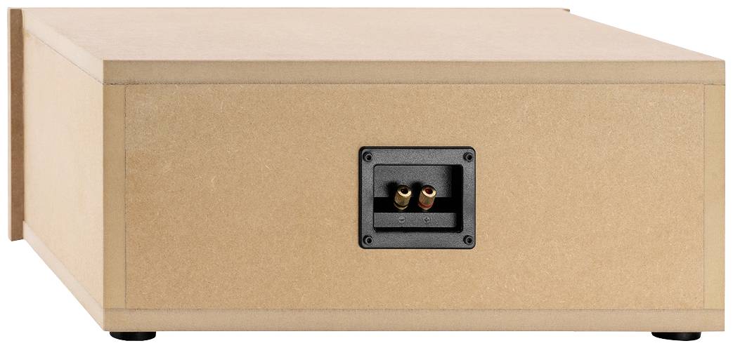 Un haut-parleur rectangulaire en bois avec des connexions à l'arrière.