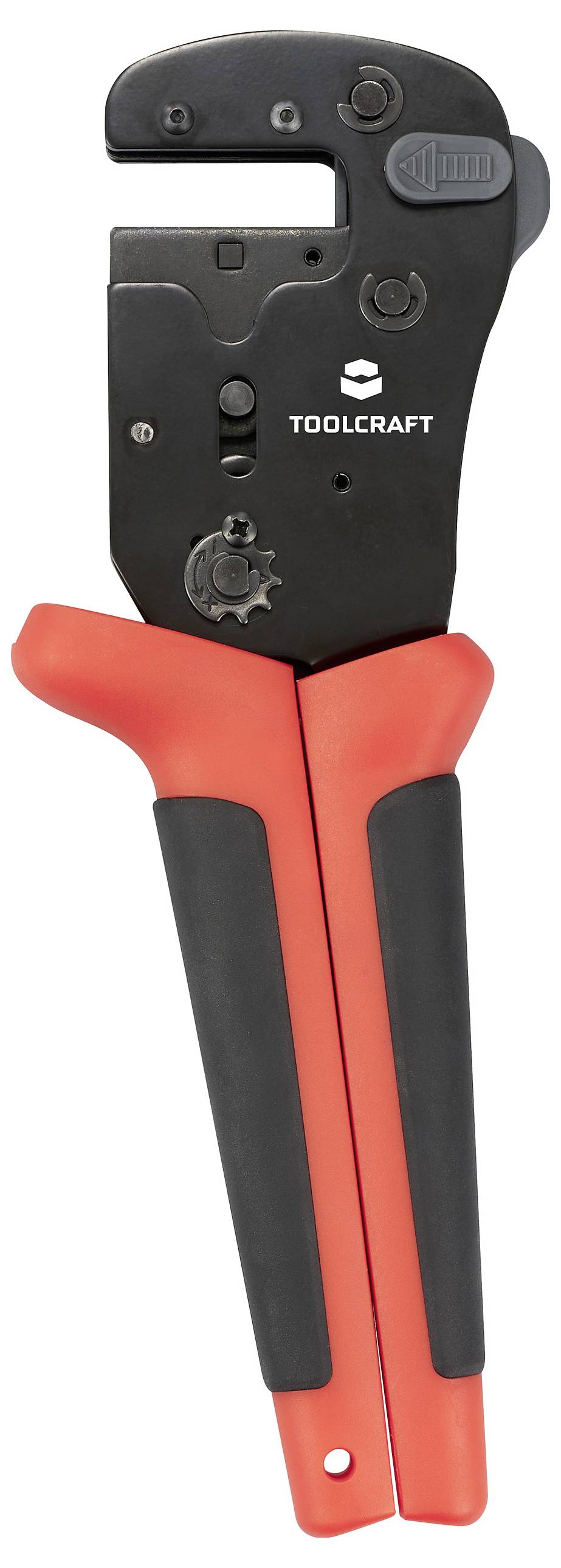 Pince avec poignées noires et rouges, marque TOOLCRAFT, adaptée pour couper ou sertir des câbles.