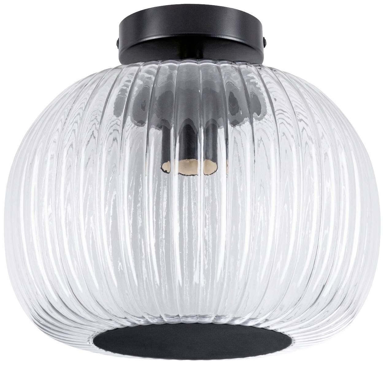 Plafonnier sphérique à rainures verticales, socle laqué noir, abat-jour transparent. Convient pour les espaces intérieurs.