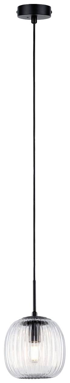 Un luminaire suspendu moderne avec un câble noir et un abat-jour en verre strié transparent qui diffuse la lumière avec élégance.