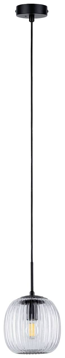 Une suspension avec un abat-jour sphérique en verre strié, et un câble noir, éclairée par une unique ampoule.