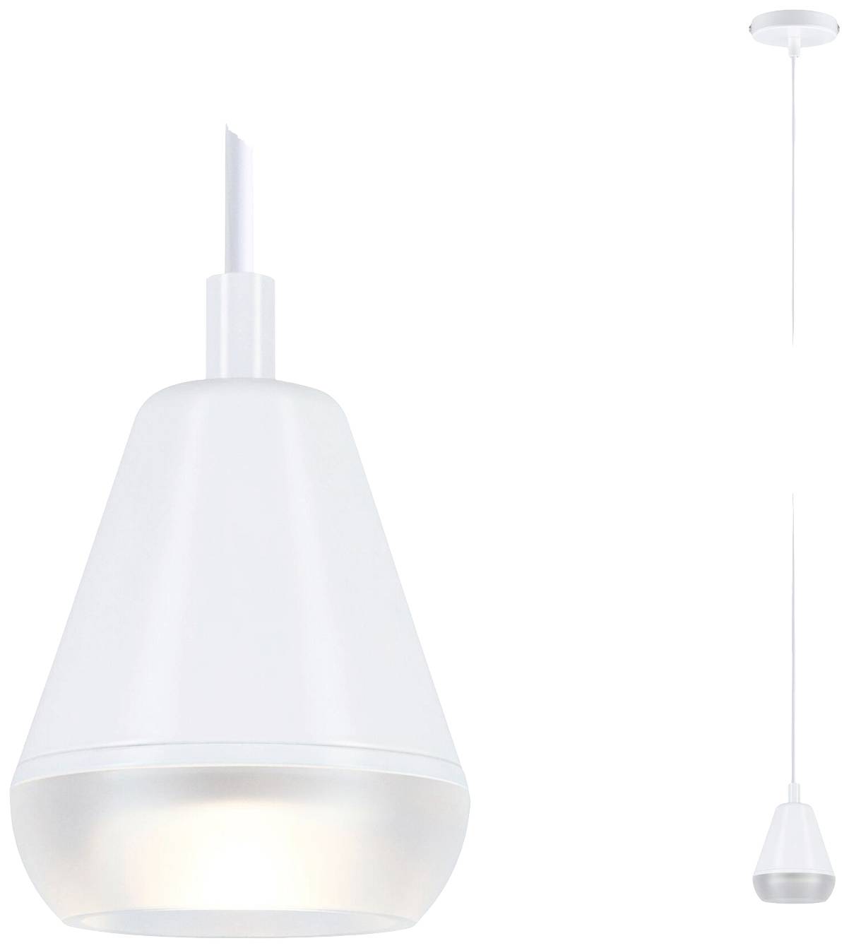 Suspension blanche au design conique, dotée d'un abat-jour en verre satiné suspendu par un câble. Idéale pour les espaces de vie contemporains.