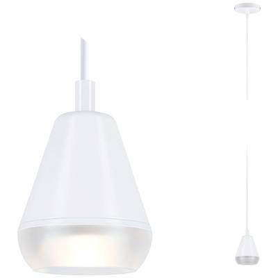 Suspension blanche au design conique, dotée d'un abat-jour en verre satiné suspendu par un câble. Idéale pour les espaces de vie contemporains.
