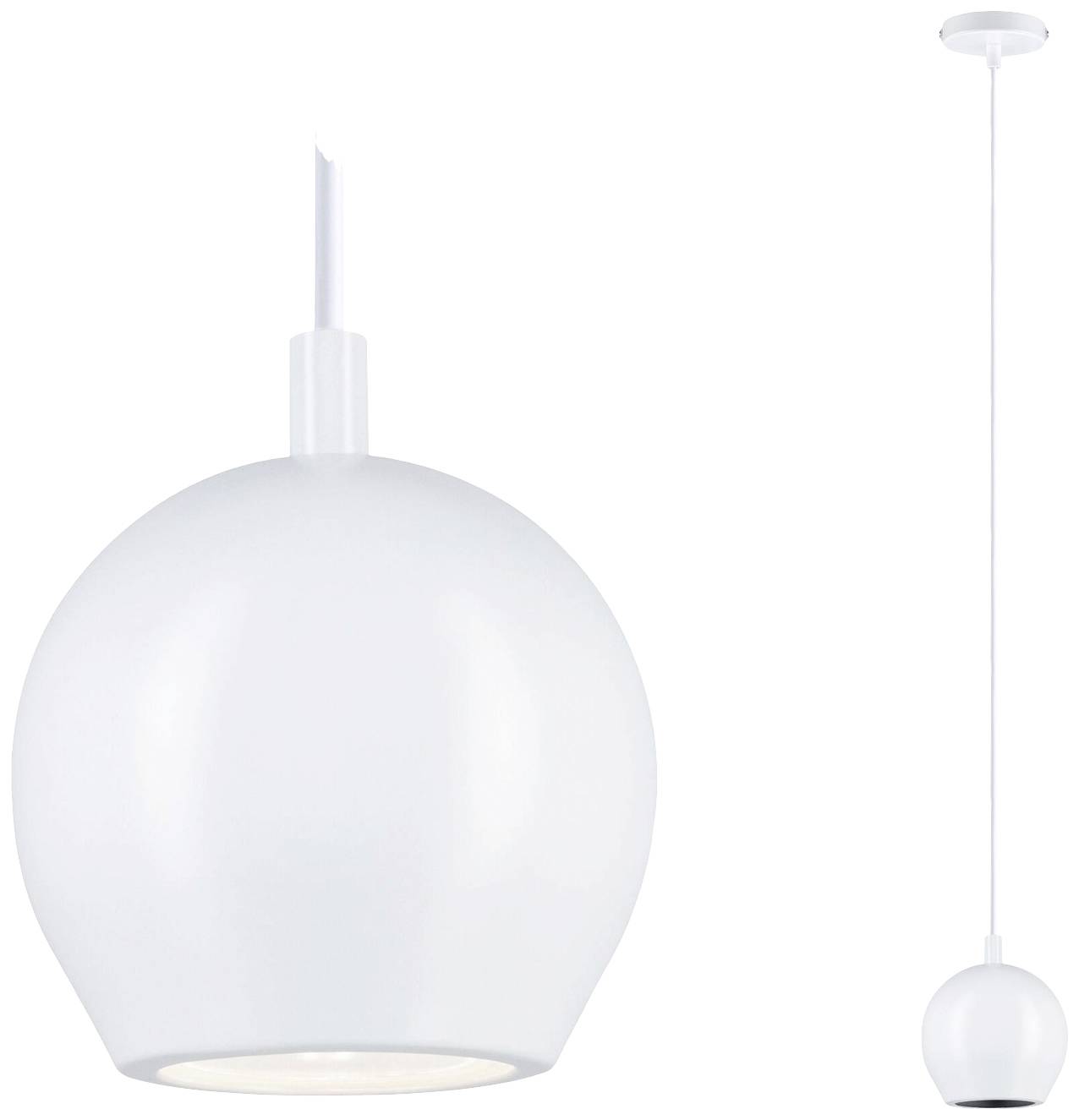 Lampe suspendue blanche, de forme sphérique, au design minimaliste, avec un long câble. Idéale pour un intérieur moderne et un éclairage ciblé.
