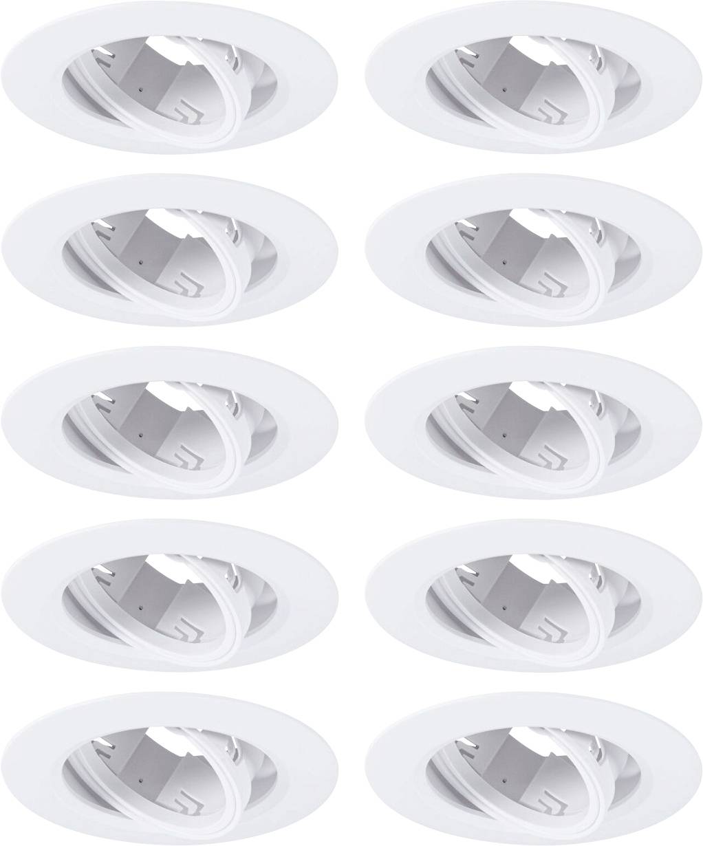 'Spots LED encastrables, blancs, ronds, lot de dix. Adaptés pour un montage au plafond pour l'éclairage d'une pièce. Design moderne et minimaliste.'
