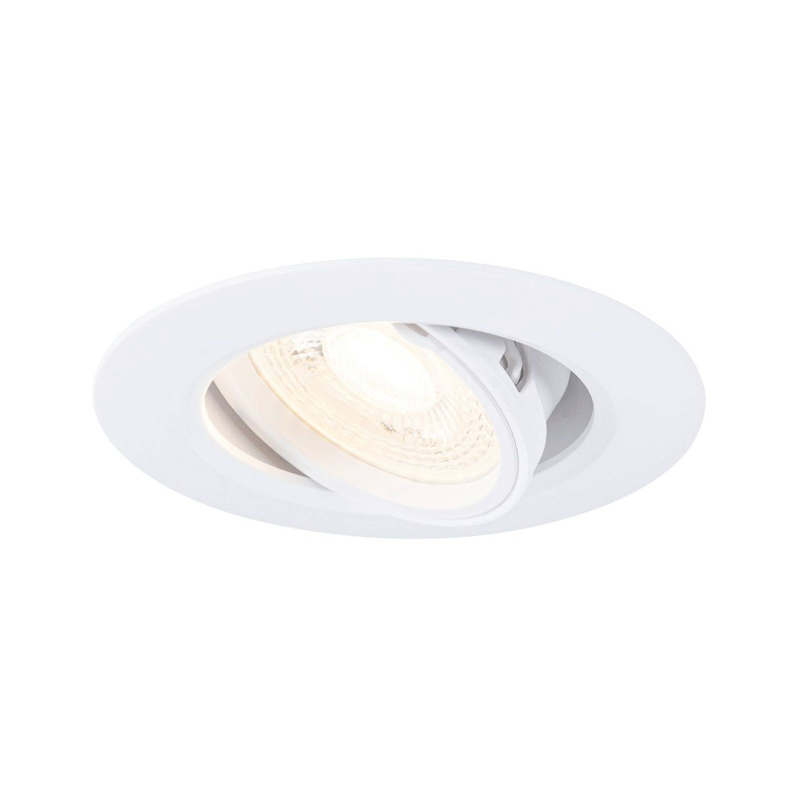 Un luminaire plafonnier orientable blanc, avec un cadre rond et une lampe LED apparente.