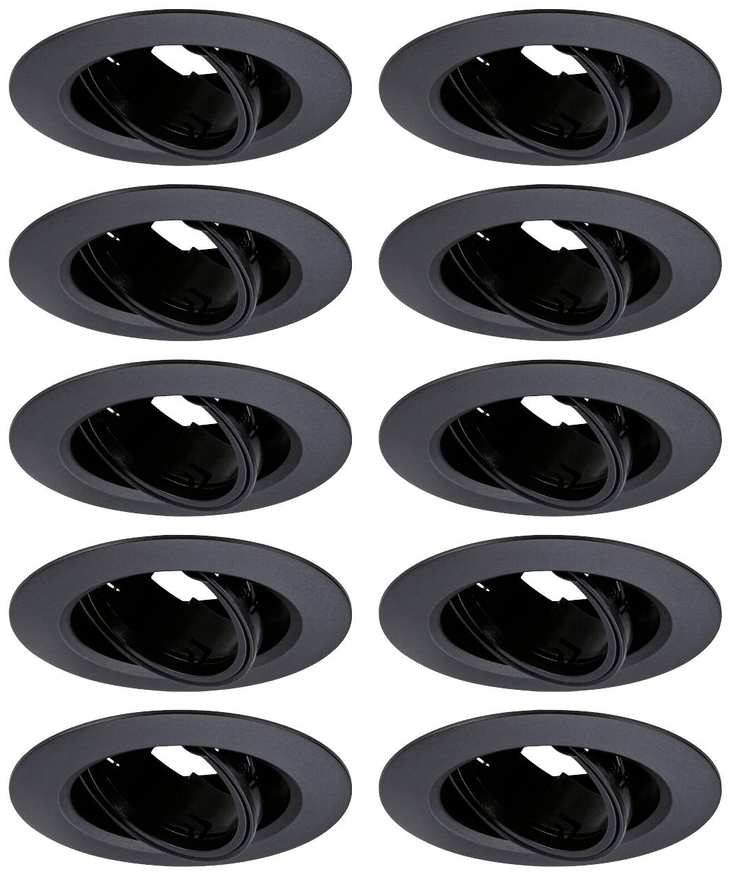 Dix luminaires encastrés noirs au plafond, disposés en deux colonnes.