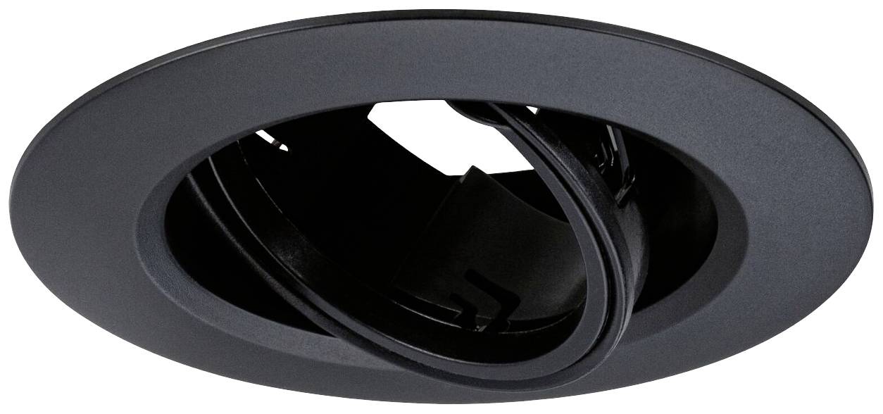 Un plafonnier noir et rond avec un cadre intérieur orientable permettant un positionnement flexible de la source lumineuse.