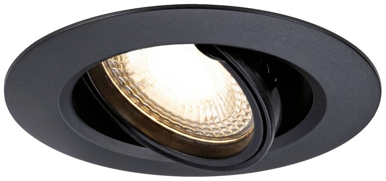 Un luminaire encastré noir avec un spot LED orientable qui diffuse une lumière blanche chaude. Idéal pour un éclairage intérieur moderne.