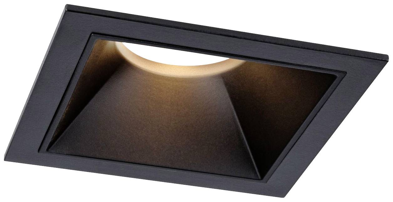 Spot LED encastrable avec boîtier carré et cône léger vers l'intérieur, émettant une lumière chaude.