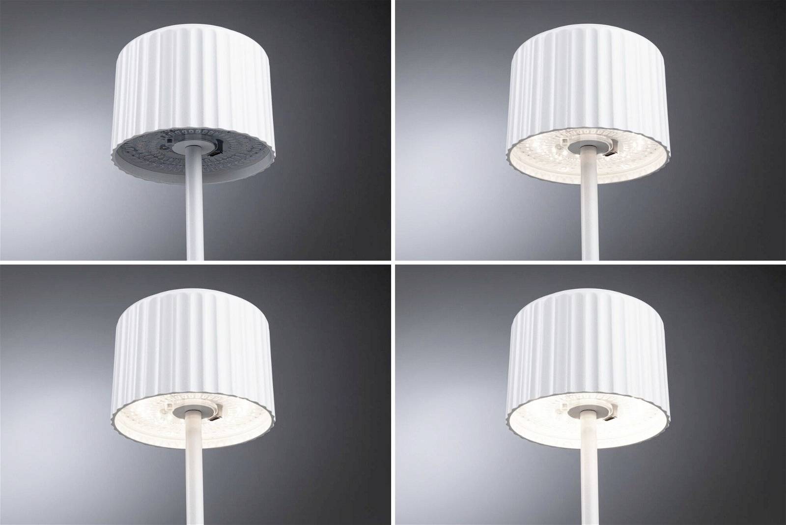 Quatre images d'une lampe blanche et ronde au design moderne, sur un fond gris. Différents angles mettent en valeur les détails de l'abat-jour.