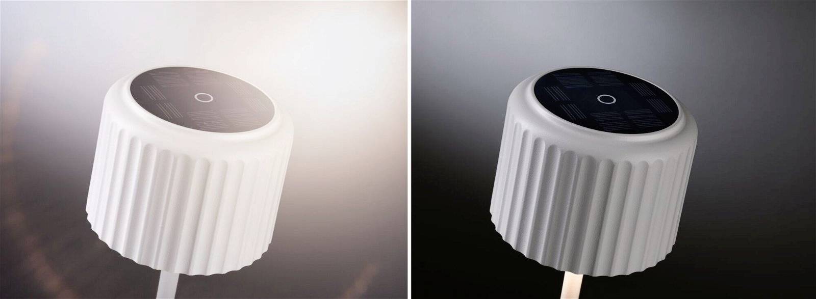 Deux images d'un bouchon de bouteille intelligent avec un panneau solaire intégré, à gauche sous la lumière du soleil, à droite par ciel couvert.