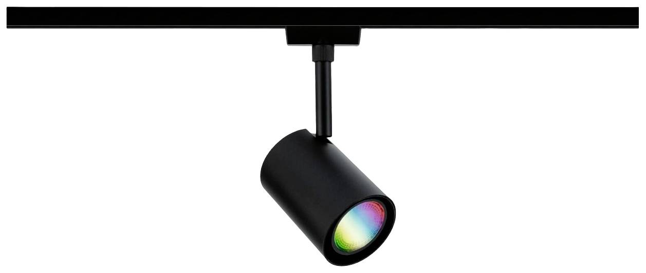 Un projecteur de plafond noir à tête ronde qui éclaire dans différentes couleurs.