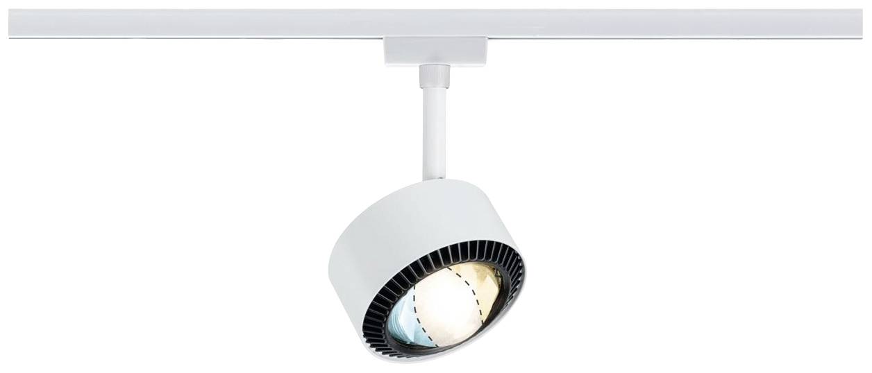 Un projecteur LED blanc fixé sur un rail, légèrement incliné vers le bas. Idéal pour un éclairage ciblé à l'intérieur.