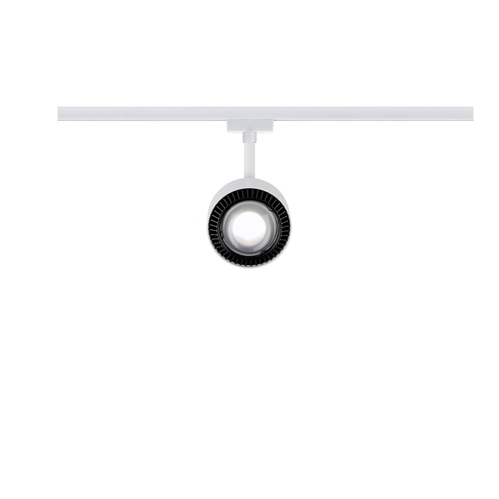 Plafonnier avec design rond moderne, blanc, monté sur rail. Adapté à l'éclairage intérieur contemporain.