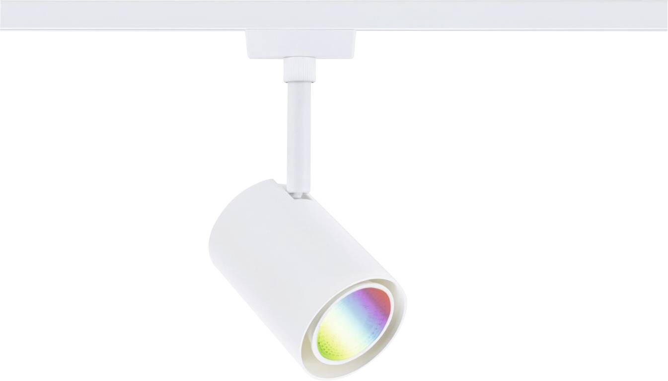 Une lampe de plafond blanche projette un spectre arc-en-ciel.