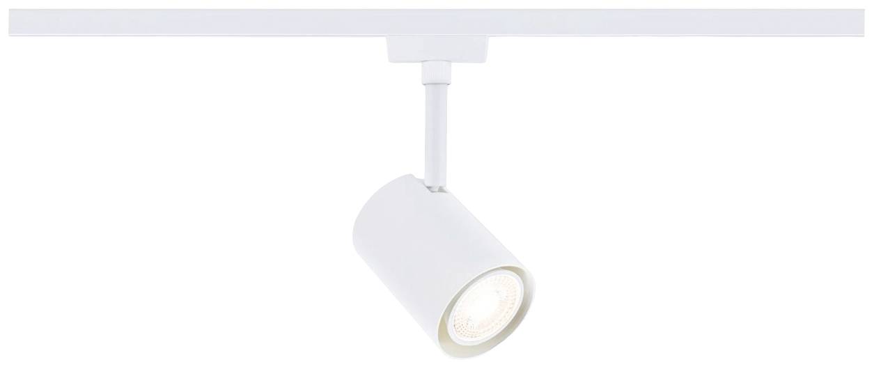 Un projecteur blanc sur rail avec une tête cylindrique, monté sur une rail droite, pour un éclairage accentué.