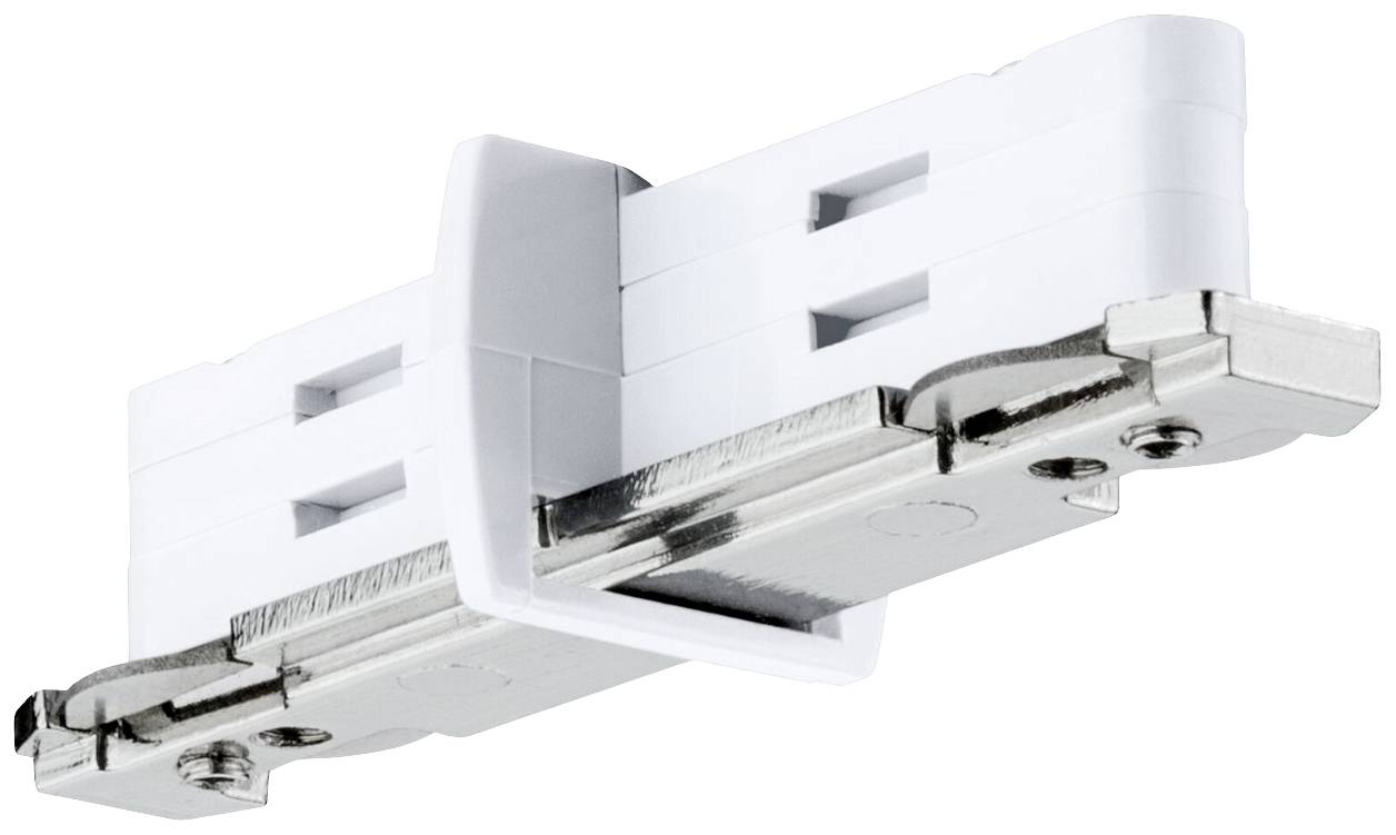 Un chariot coulissant rectangulaire blanc en plastique est posé transversalement sur une charnière métallique argentée comportant des trous de vis.