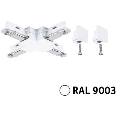 Connecteur en croix de couleur RAL 9003 avec accessoires et vis, utilisé pour raccorder des éléments dans les systèmes d'éclairage.