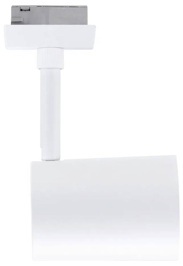 Un projecteur blanc et moderne avec un bras réglable, adapté pour un montage sur rail à l'intérieur.