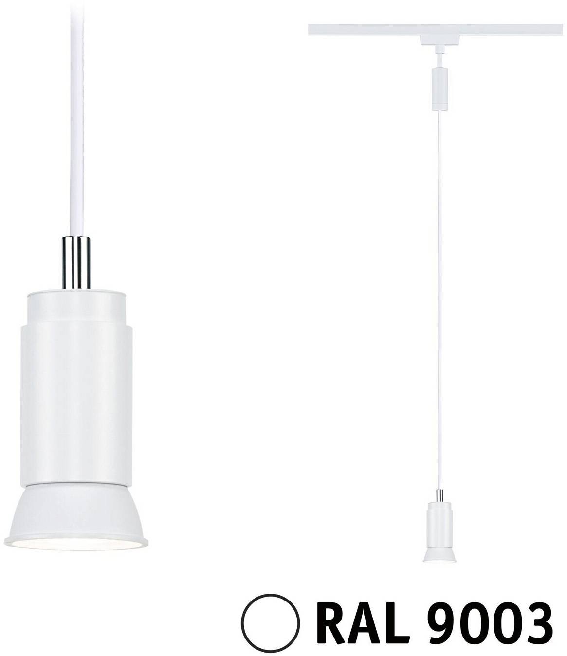 Suspension blanche au design cylindrique, suspendue au plafond. Code couleur en bas à droite : « RAL 9003 ».