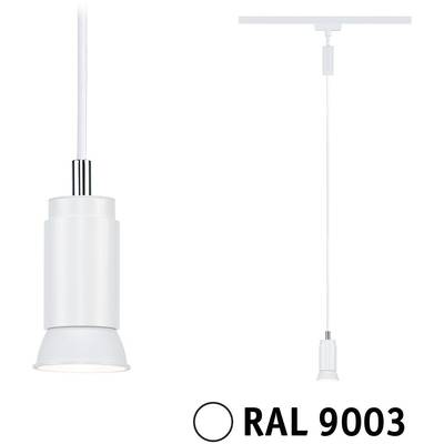 Suspension blanche au design cylindrique, suspendue au plafond. Code couleur en bas à droite : « RAL 9003 ».