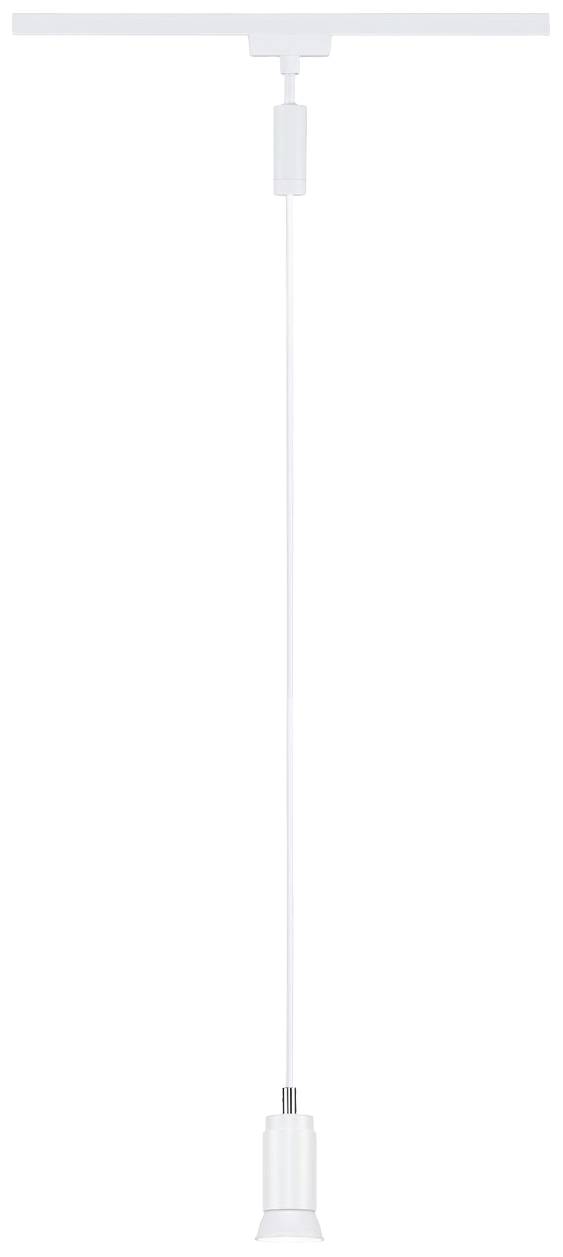 Luminaire suspendu blanc, minimaliste, avec long câble et douille étroite. Adapté aux systèmes d'éclairage sur rail.