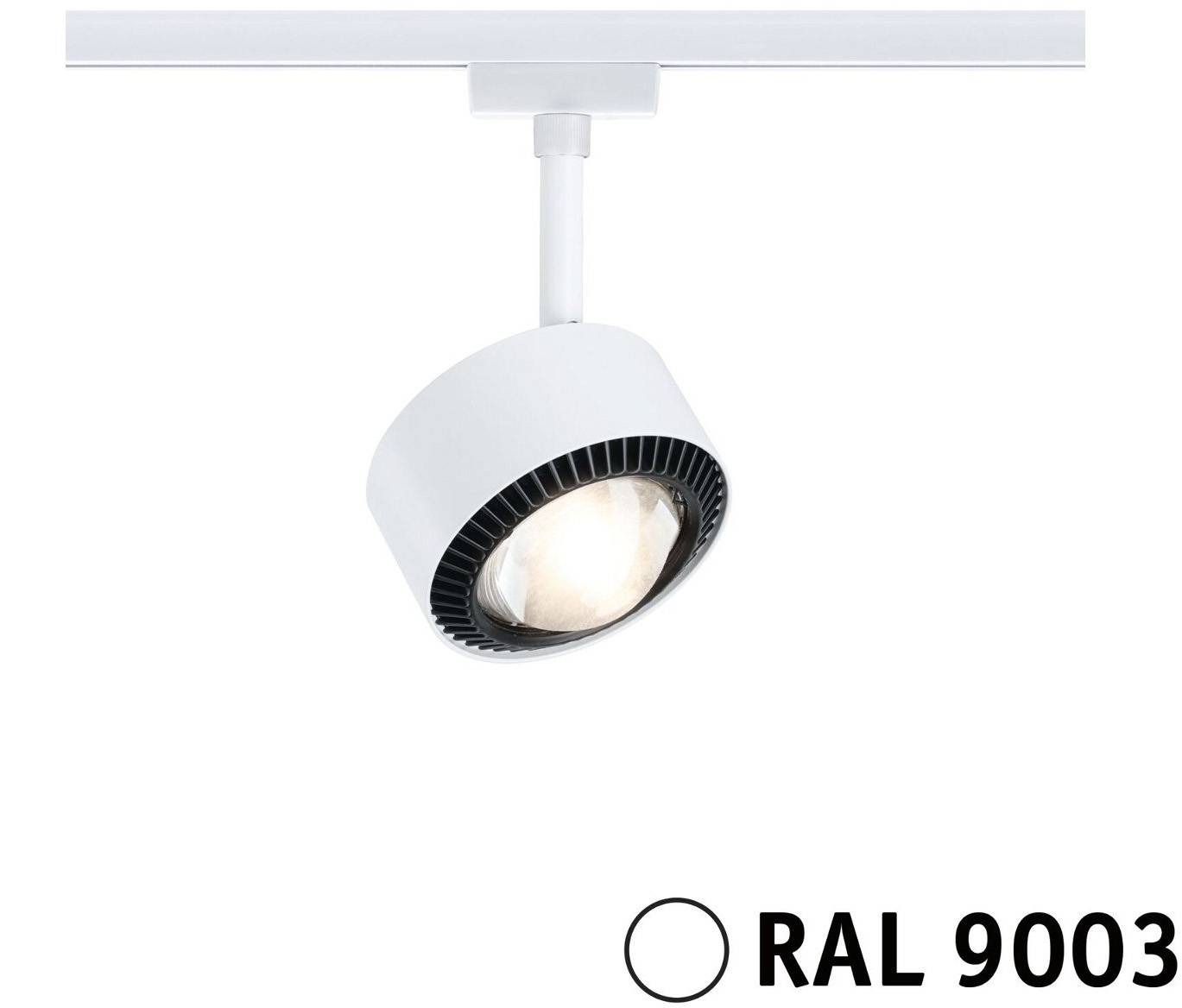 Luminaire plafonnier blanc (RAL 9003), monté sur rail. Forme ronde avec élément central en verre.