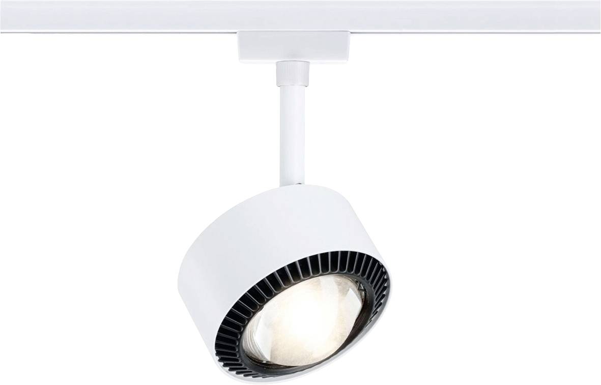 Un projecteur blanc et rond fixé sur un rail, dirigeant la lumière vers le bas.