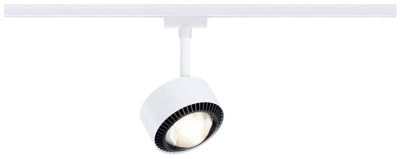 Un luminaire sur rail blanc avec une tête de lampe circulaire, orienté vers le bas et diffusant de la lumière.