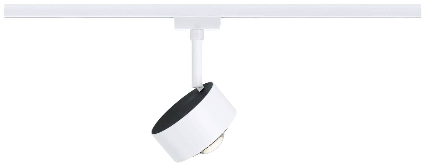 Luminaire plafonnier cylindrique blanc avec bordure noire, pivotant et installé sur un rail. Design minimaliste pour intérieurs.