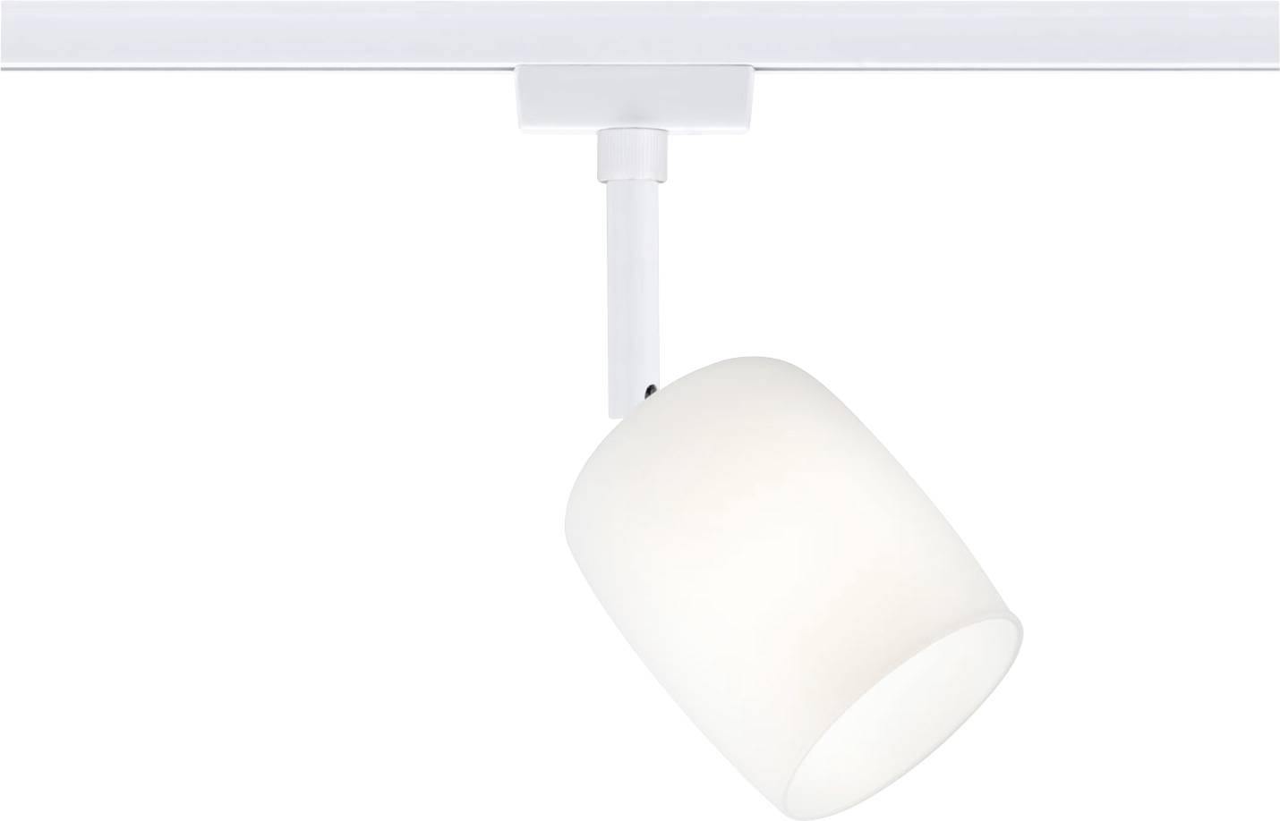 Un spot de plafond blanc moderne à tête pivotante, de forme cylindrique, monté sur un rail, éclaire l'espace de manière ciblée.